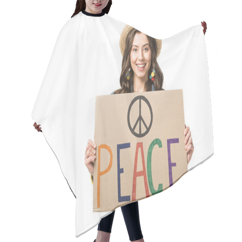 Personality  Front View Of Smiling Hippie Girl In Straw Hat Holding Placard With Inscription Isolated On White Hair Cutting Cape