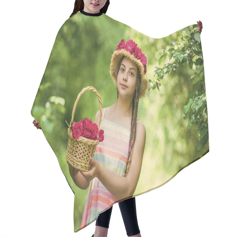 Personality  Grown With Love. Summer Holiday And Vacation. Female Beauty And Fashion. Childhood Happiness. Happy Kid Gather Flowers. Child Walk In Spring Park Or Garden. Small Girl With Summer Rose Bouquet Hair Cutting Cape