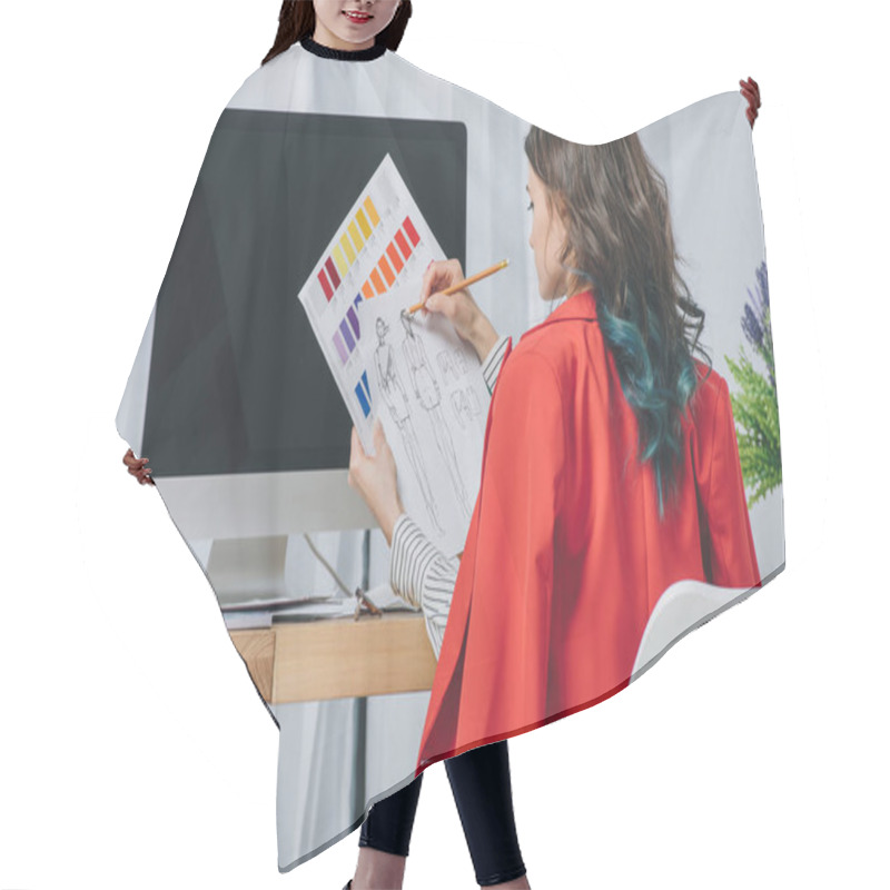 Personality  Young Woman Working With Sketches By Working Table With Computer Hair Cutting Cape