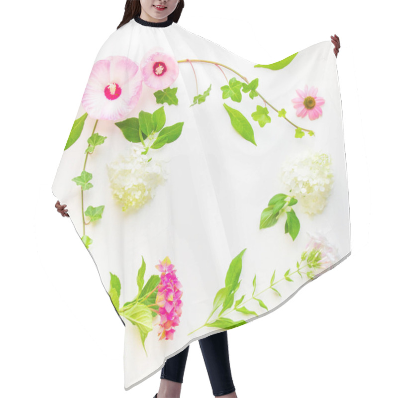 Personality  Floral Frame With Ivy, Hibiscus And Hydrangea Flowers.  Top View Hair Cutting Cape