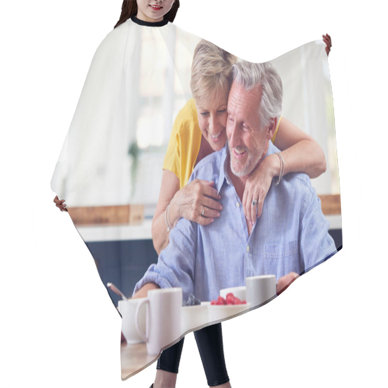 Personality  Loving Retired Couple Sitting Around Table At Home Having Healthy Breakfast Together Hair Cutting Cape