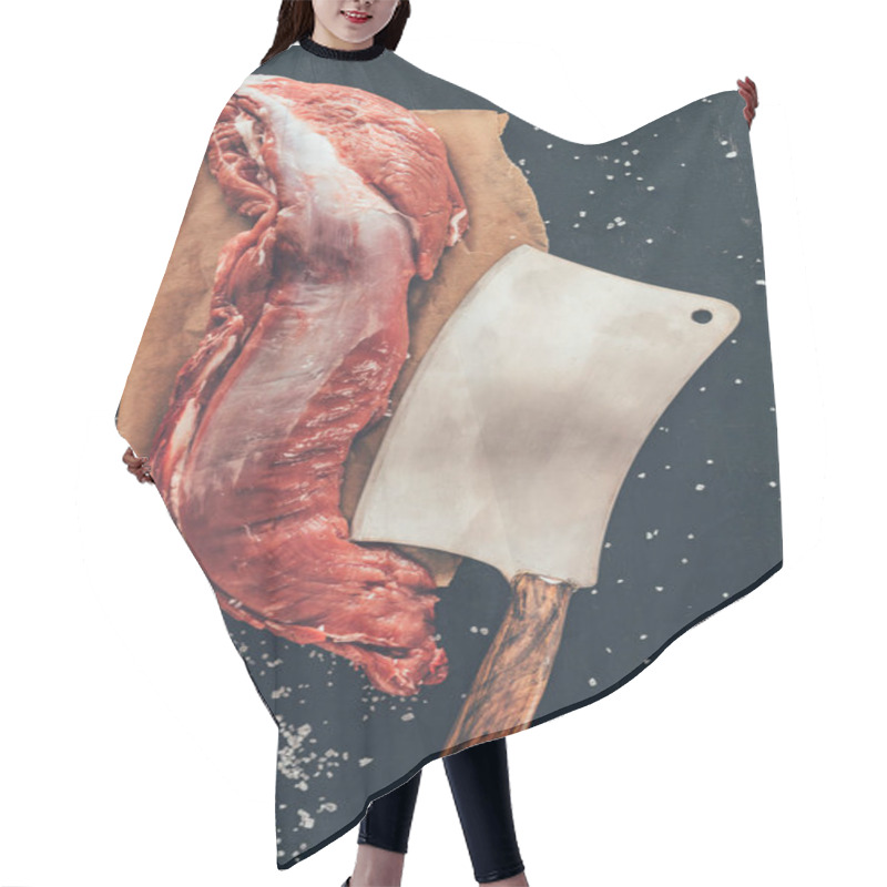 Personality  Top View Of Raw Pork Meat With Cleaver On Wooden Board Hair Cutting Cape