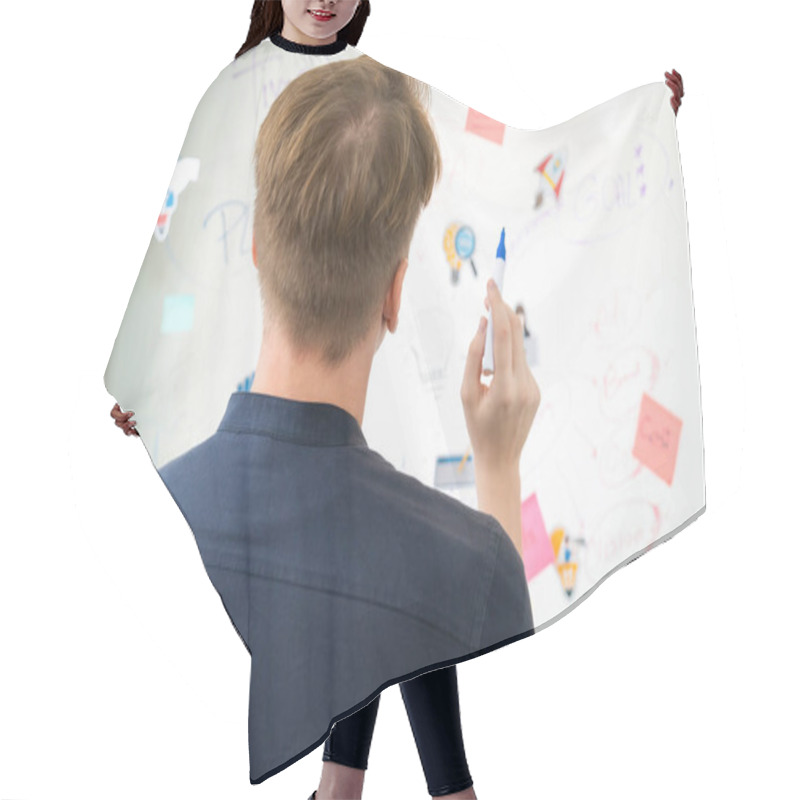 Personality  Professional Caucasian Businessman Writing And Sharing Marketing Idea By Using Mind Map And Sticky Notes On Glass Board At Meeting Room. Creative Business And Planing Concept. Back View. Immaculate. Hair Cutting Cape