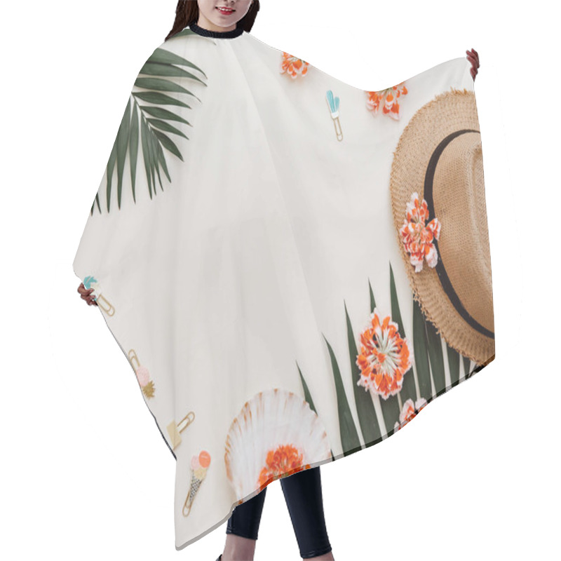 Personality  Flat Lay Summer Composition. Creative Concept Tropical Leaves And Straw Hat. Top View, Copy Space Hair Cutting Cape