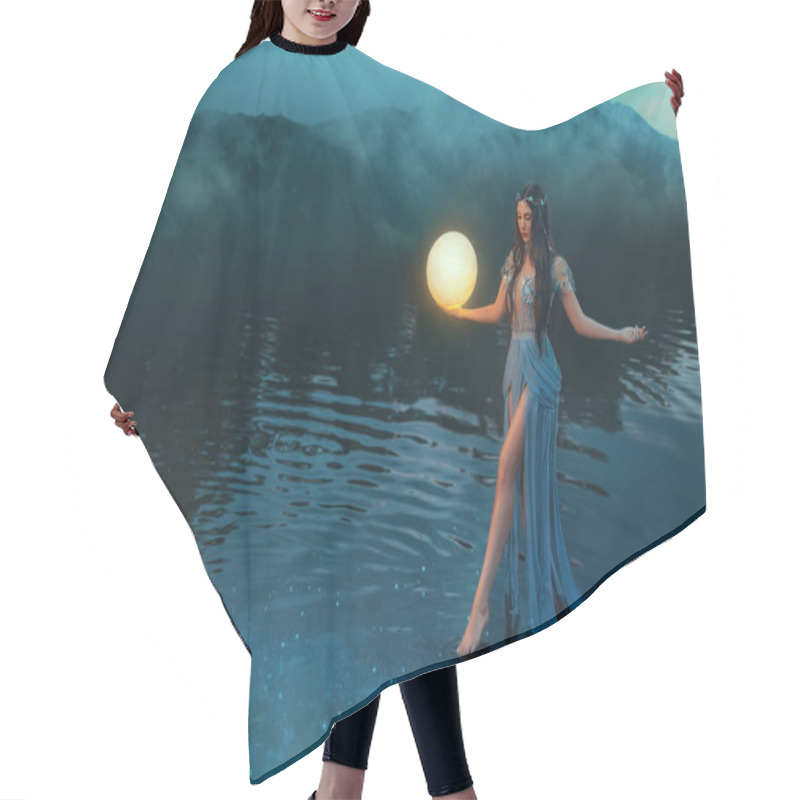 Personality  Fantasy Woman Holding Moon Magic Light Glowing Planet In Hand. Sexy Girl Goddess Night Elf Beauty Face Blacl Long Hair, River Nymph Wet Blue Dress, Stands On Water Dark Sky Clouds Lake. Lady Fairy Art Hair Cutting Cape