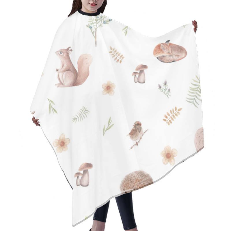 Personality  Seamless Pattern With Animals, Bird, Mushrooms, White Background Hair Cutting Cape