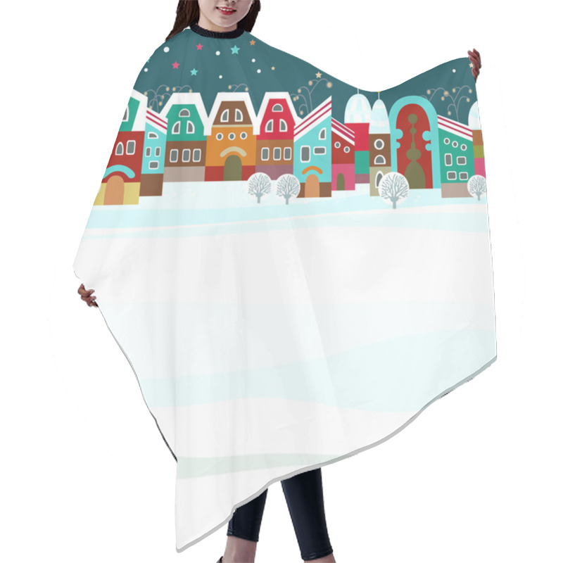 Personality  Christmas Card With Cute Little Town In Winter Hair Cutting Cape