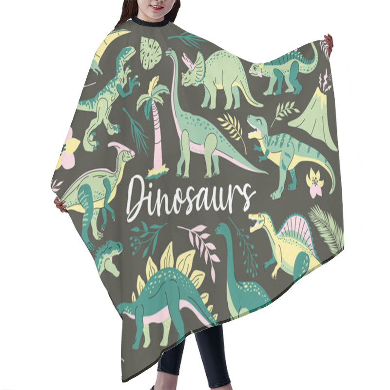 Personality  Set Of Dinosaurs Including T-rex, Brontosaurus, Triceratops, Velociraptor, Pteranodon, Allosaurus, Etc Isolated On White Hair Cutting Cape