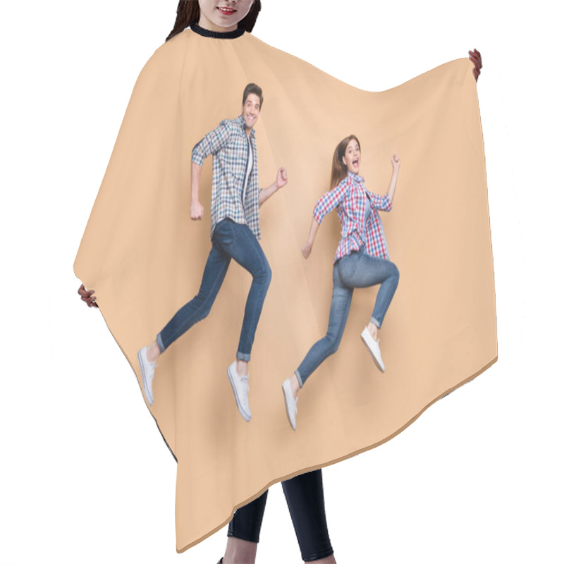 Personality  Full Length Body Size Side Profile Photo Of Gorgeous Beautiful Nice Charming Couple With Him Running After Her And Her Trying To Escape Him In Jeans Denim Checkered Shirt Isolated Beige Pastel Color Hair Cutting Cape