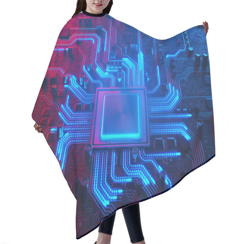 Personality  An Intricate View Of A High-tech Computer Motherboard, Glowing Under The Vibrant Hues Of Neon Lighting, Highlighting Its Complex Circuit Design And Technological Essence. Hair Cutting Cape