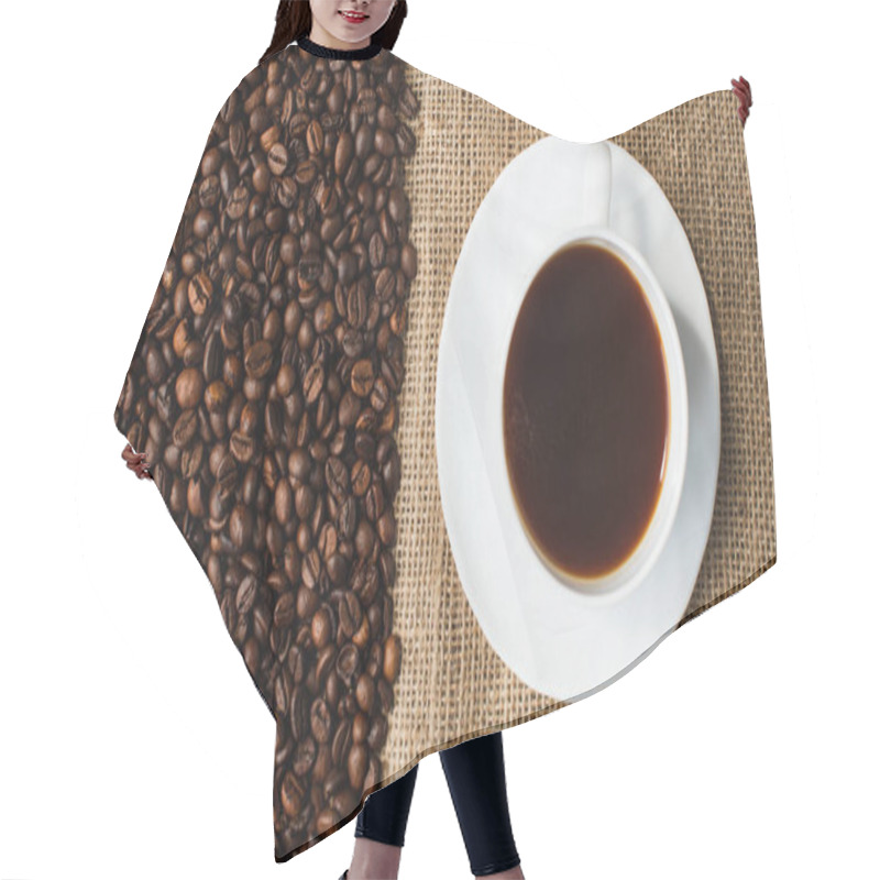 Personality  Top View Of Cup Of Coffee On Saucer With Coffee Beans And Sackcloth On Background Hair Cutting Cape