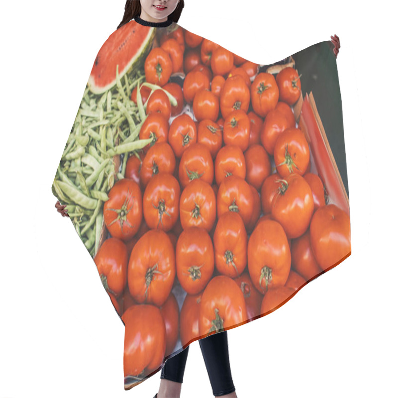 Personality  High Angle View Of Ripe Tomatoes And Beans On Stall Of Outdoors Market Hair Cutting Cape