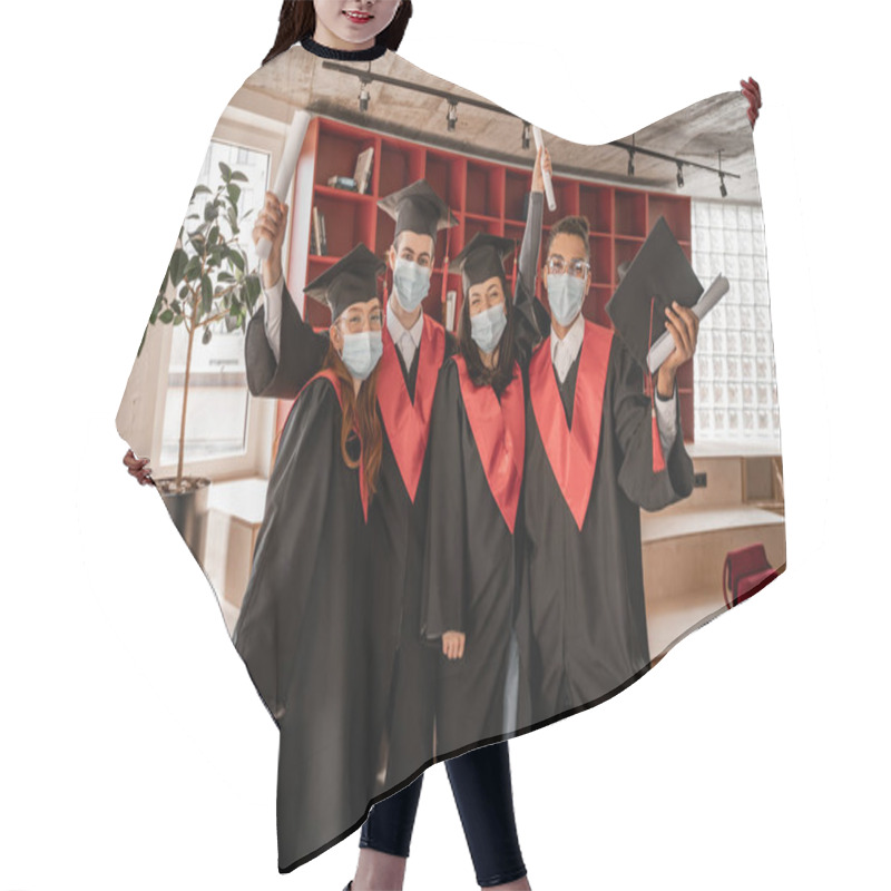 Personality  Multiethnic Students In Medical Masks, Gowns And Caps Holding Diploma, Graduation Class 2021 Hair Cutting Cape