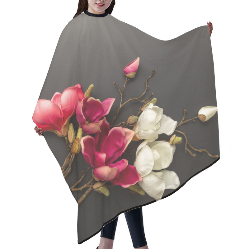 Personality  Magnolia Flowers On Black Background With Space For Your Text Hair Cutting Cape