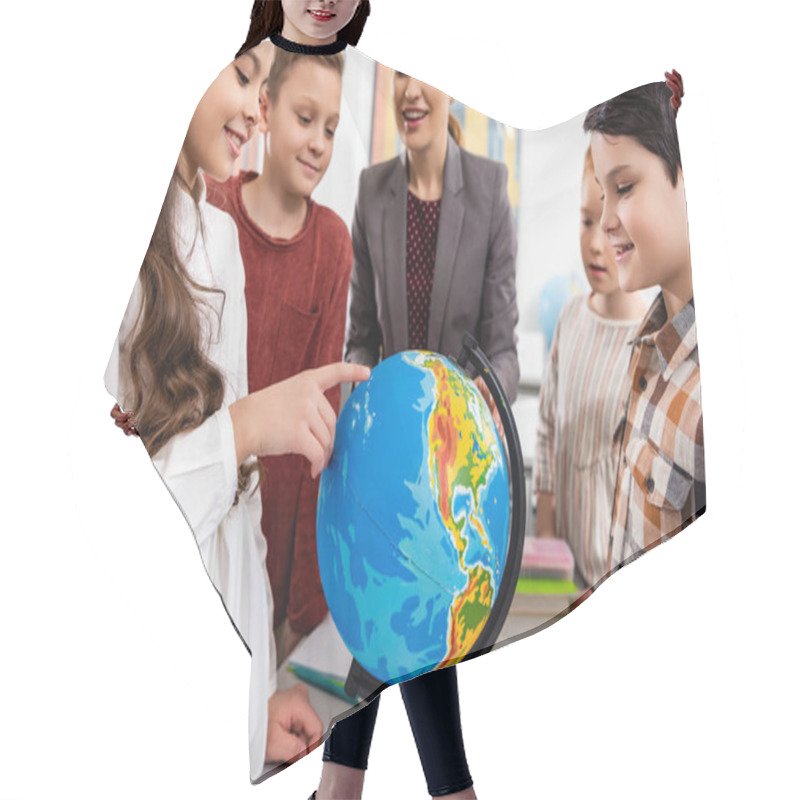 Personality  Teacher And Pupils Looking At Globe While Studying Geography In Classroom Hair Cutting Cape