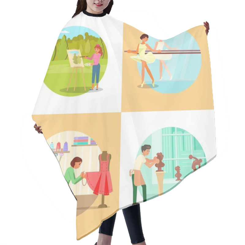 Personality  People Enjoying Their Hobbies Vector Flat Illustration Hair Cutting Cape