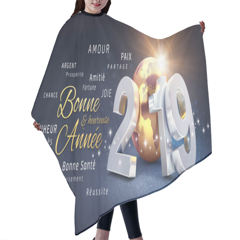 Personality  Happy New Year Greetings, Best Wishes In French Language And 2019 Date Number, Composed With Planet Earth Colored In Gold, On A Festive Black Background, With Glitters And Stars - 3D Illustration Hair Cutting Cape