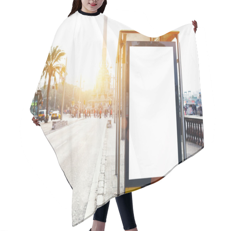 Personality   Public Information Board Outdoors On A Bus Stop, Blank Poster In Urban Setting  Hair Cutting Cape