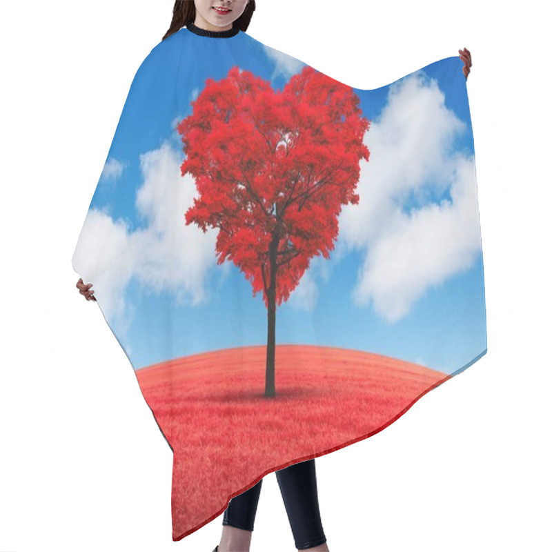 Personality  Red Heart-shaped Tree In The Field Against The Background Of A Decline. Hair Cutting Cape