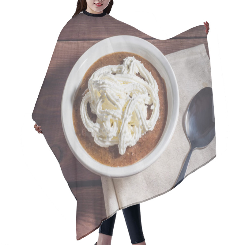 Personality  Bread Soup With Whipped Cream. Sweet Dessert In A White Plate. Linen Napkin Under The Plate. Hair Cutting Cape