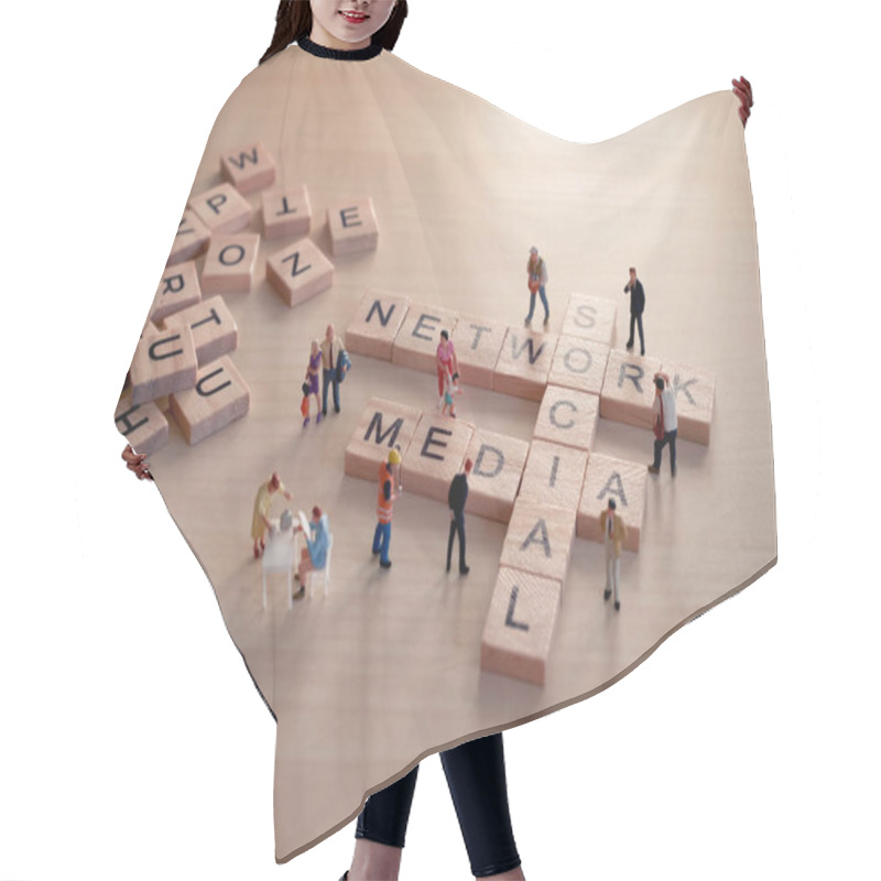 Personality  Words Of Social And Network Collected In Crossword With Wooden Tiles. Hair Cutting Cape