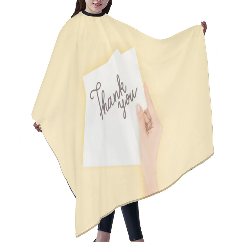 Personality  Cropped Person Holding White Postcard With Thank You Lettering Isolated On Yellow Background Hair Cutting Cape