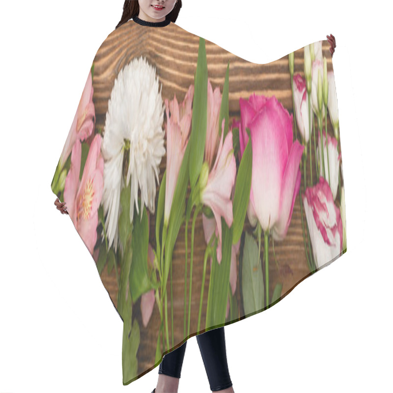 Personality  Top View Of Variety Of Pink And White Flowers On Wooden Surface, Banner Hair Cutting Cape