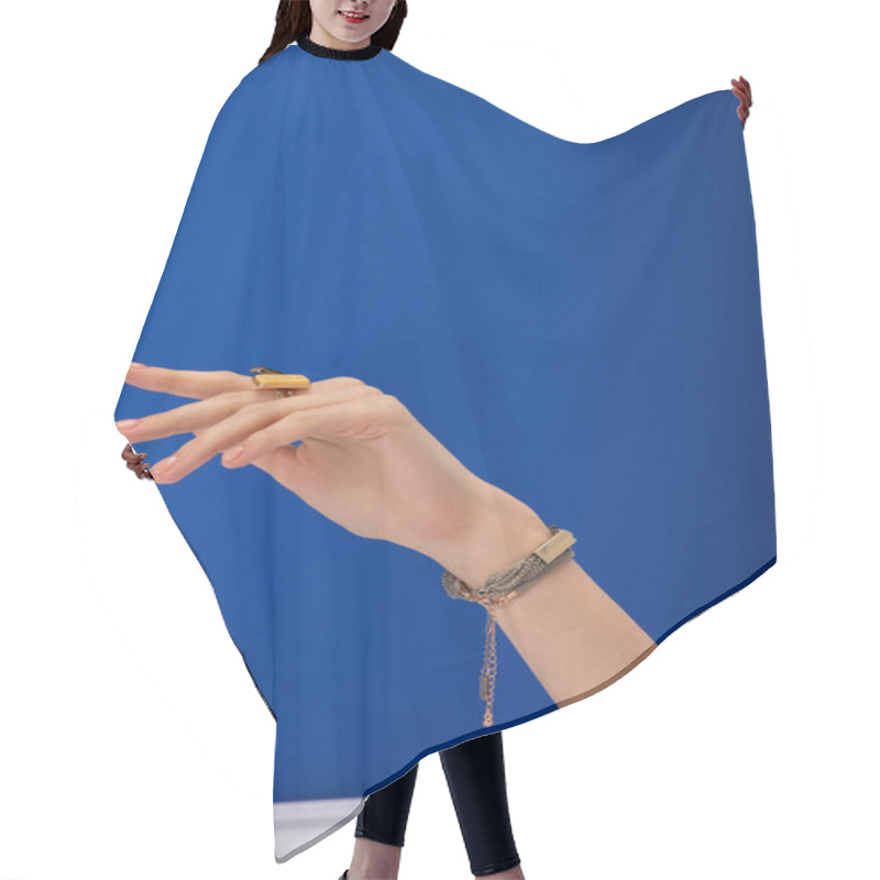 Personality  Cropped View Of Woman With Bracelet And Ring On Blue  Hair Cutting Cape