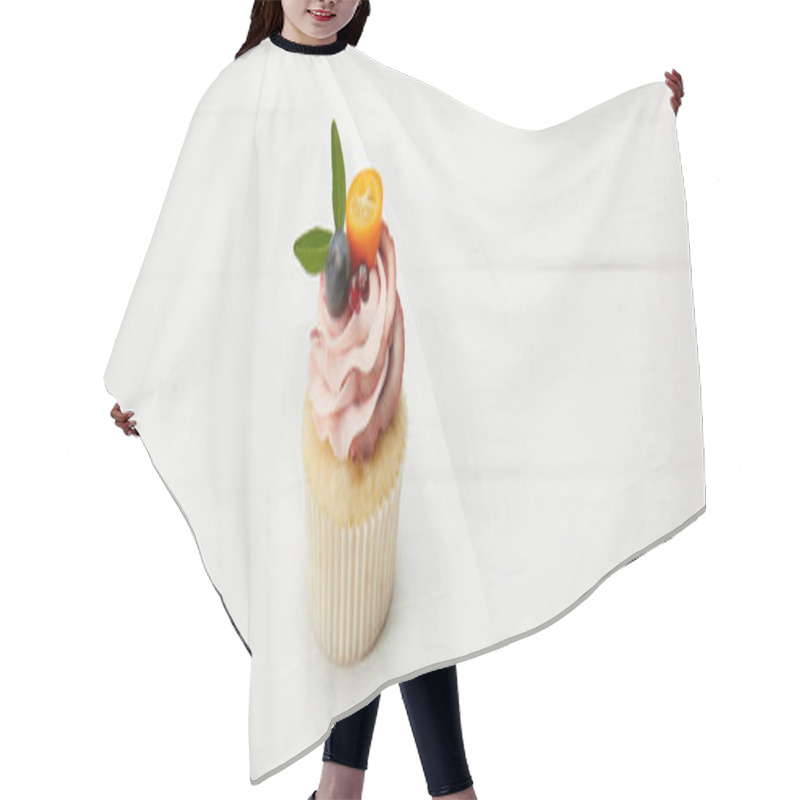 Personality  Panoramic Shot Of Cupcake With Kumquat, Garnet And Grape On White Surface Hair Cutting Cape