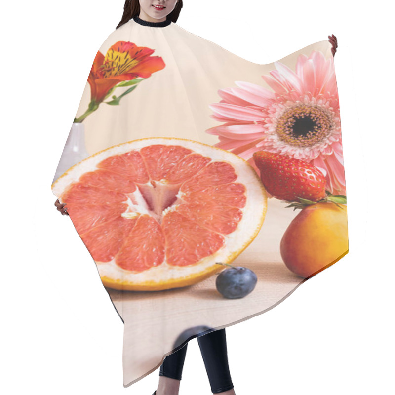 Personality  Floral And Fruit Composition With Alstroemeria, Gerbera, Berries, Grapefruit And Apricot On Wooden Surface Isolated On Beige Hair Cutting Cape