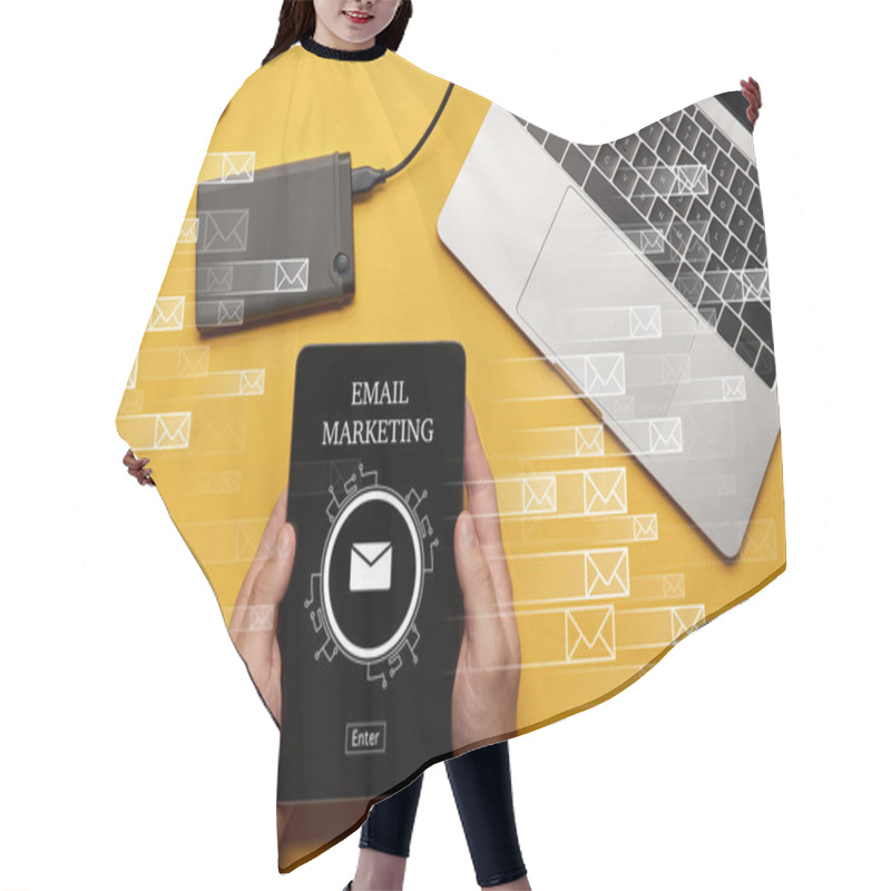 Personality  Cropped View Of Man Holding Digital Tablet With Email Marketing Illustration  Hair Cutting Cape