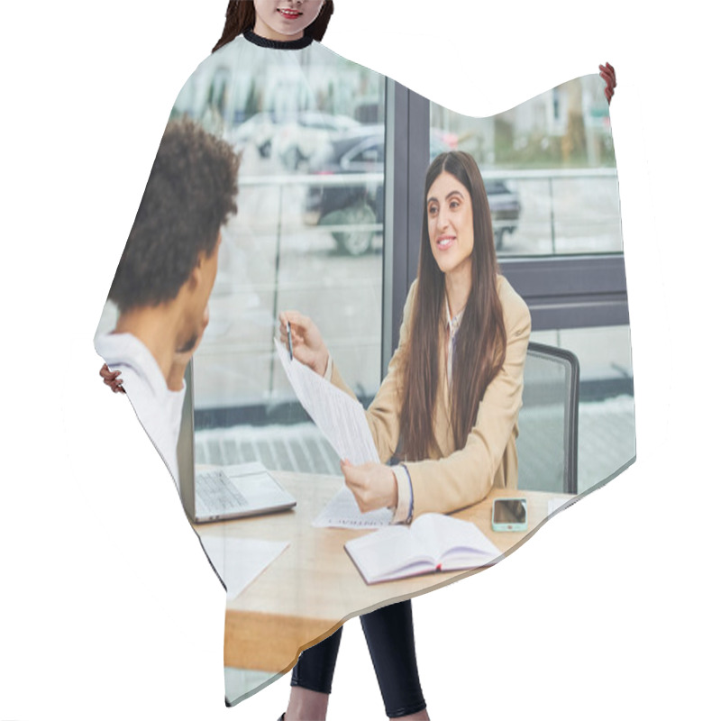 Personality  Man And Woman Engage In Conversation At Office Desk During Job Interview. Hair Cutting Cape