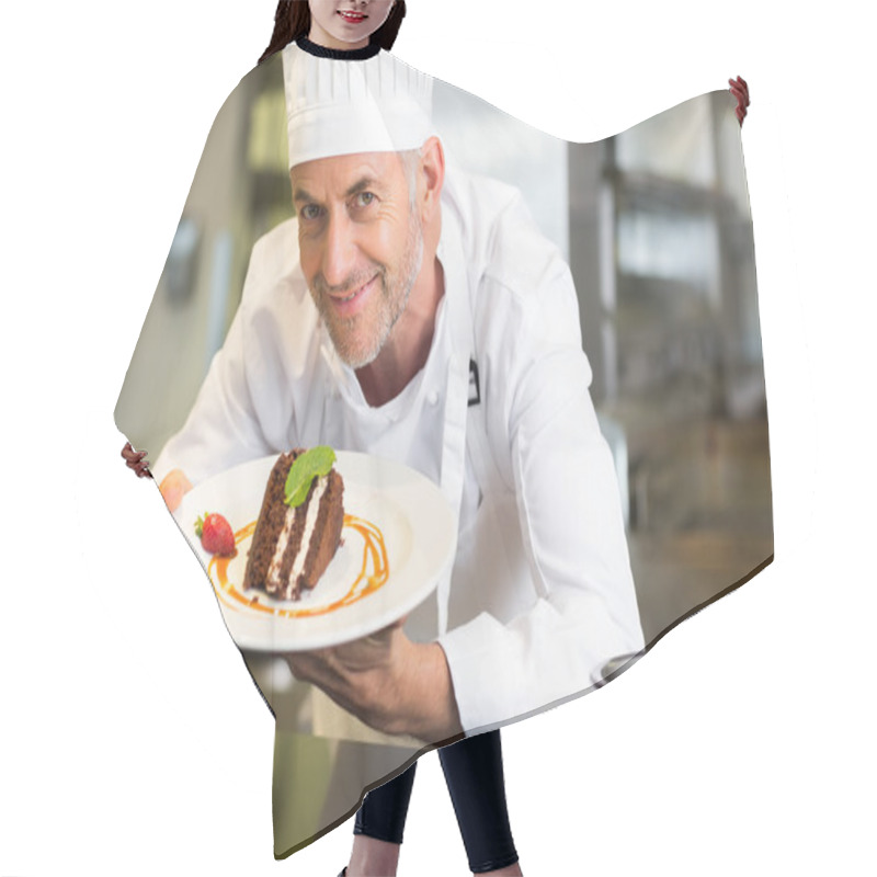 Personality  Smiling Male Pastry Chef With Dessert In Kitchen Hair Cutting Cape