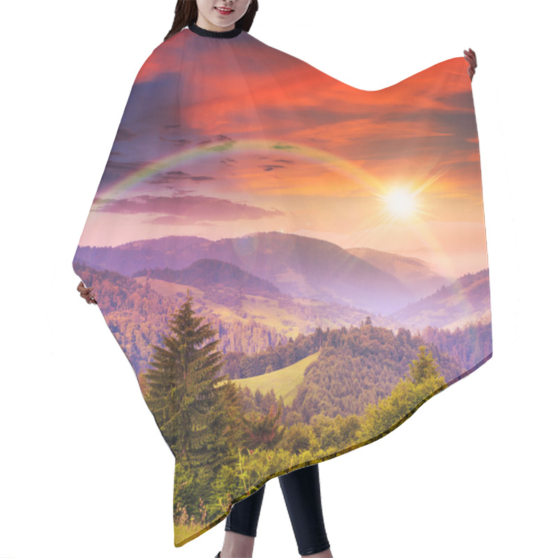 Personality  Rainbow In Coniferous Forest On A Steep Mountain Slope At Sunset Hair Cutting Cape