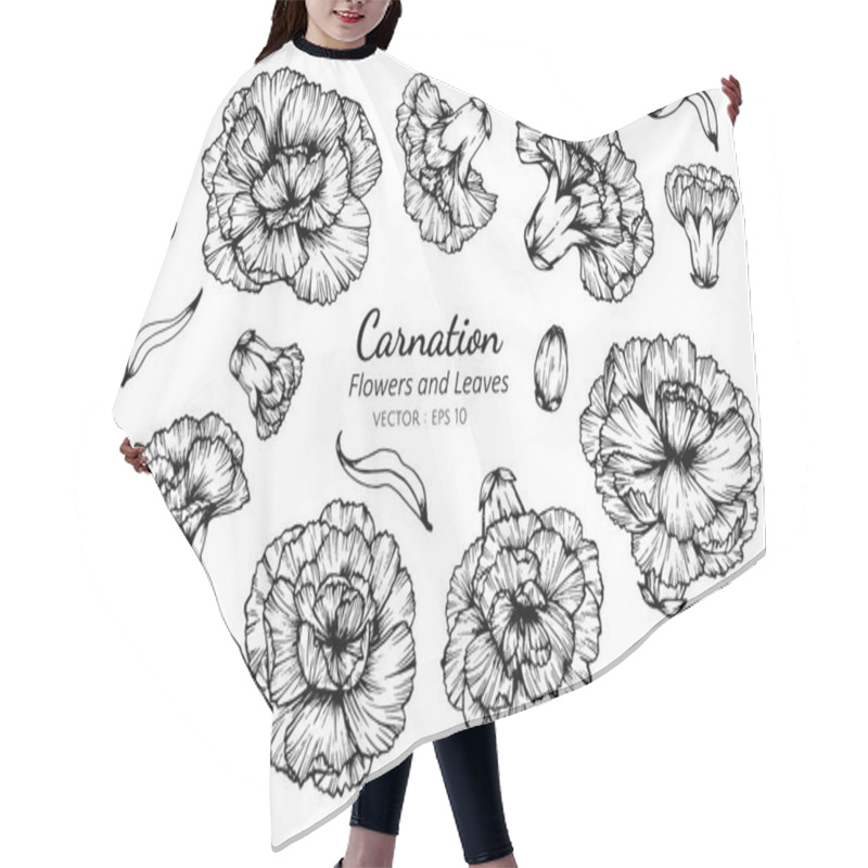 Personality  Collection Set Of Carnation Flower And Leaves Drawing. Hair Cutting Cape