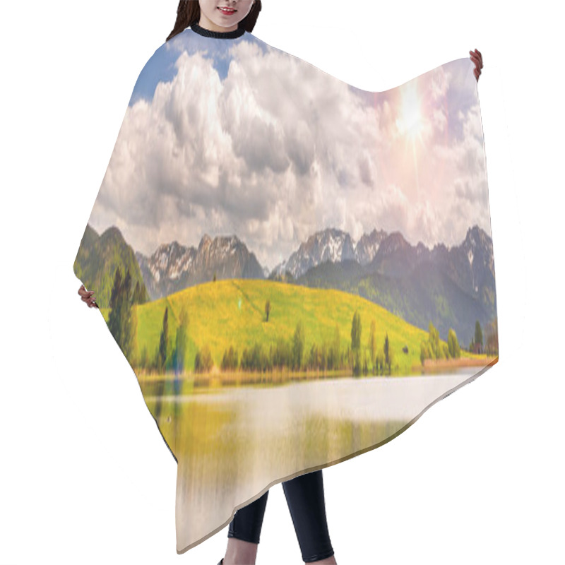 Personality  Panoramic Landscape In Bavaria With Alps Mountains And Meadow At Springtime Hair Cutting Cape