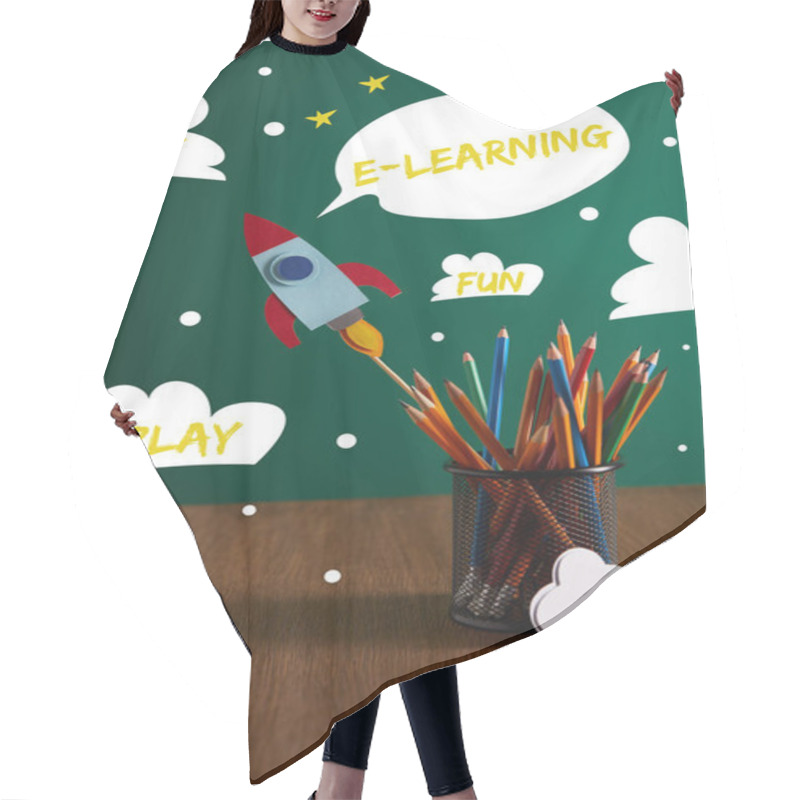 Personality  Colorful Pencils, Rocket, Cloud Sign On Wooden Table With Chalkboard On Background With Play, Joy, Fun And E-learning Words Hair Cutting Cape