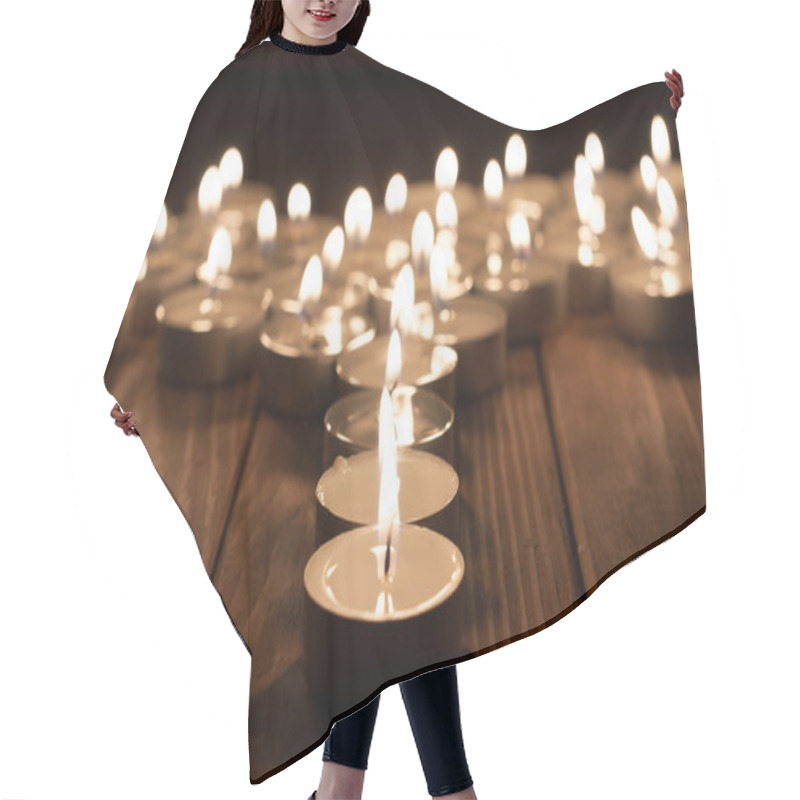 Personality  Candle And Blurry Candles On Old Wooden Background Hair Cutting Cape