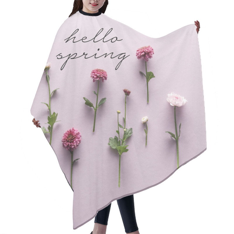 Personality  Flat Lay With Blooming Spring Chrysanthemums On Violet Background, Hello Spring Illustration Hair Cutting Cape