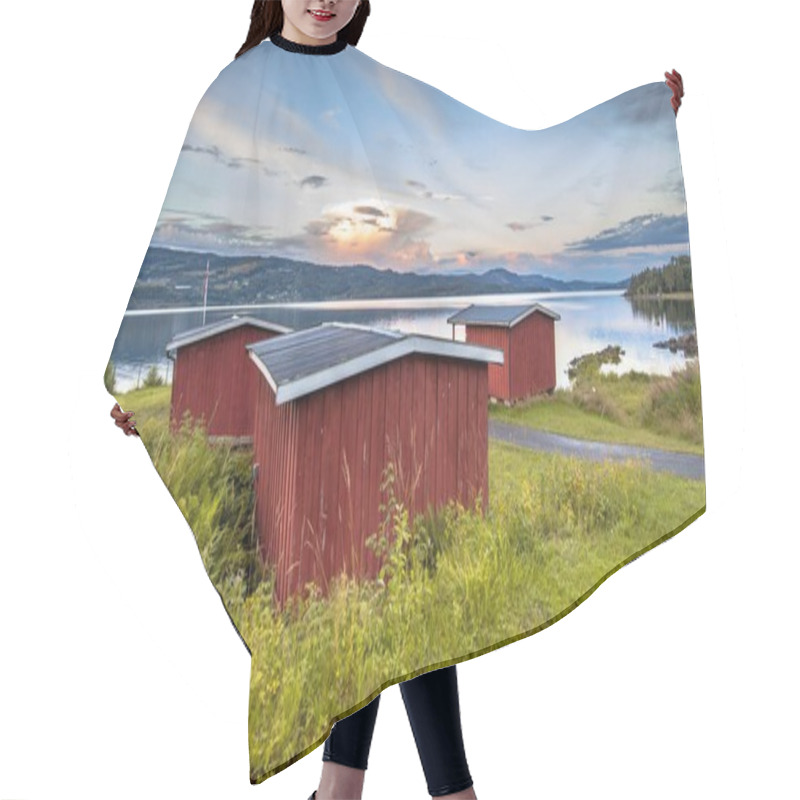 Personality  Red Wooden Cabins On Waterfront Of Lake In Norway Hair Cutting Cape