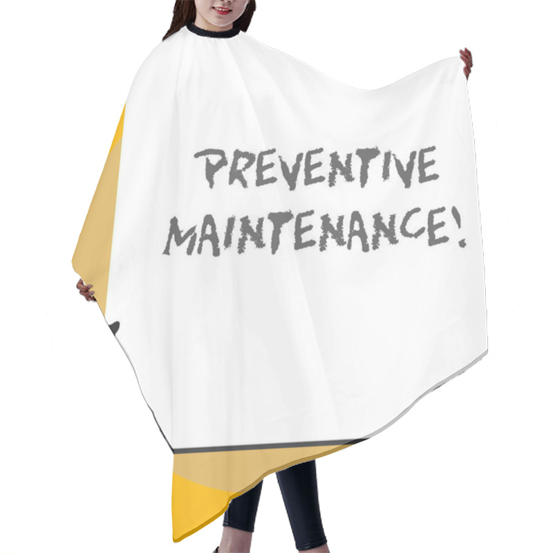 Personality  Conceptual Hand Writing Showing Preventive Maintenance. Business Photo Showcasing Avoid Breakdown Done While Machine Still Working Back View Young Woman Watching Blank Big Rectangle. Hair Cutting Cape