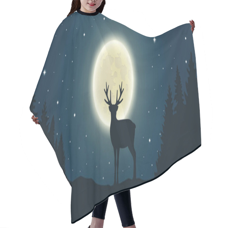 Personality  Lonely Reindeer In Forest At Full Moon And Starry Sky Hair Cutting Cape