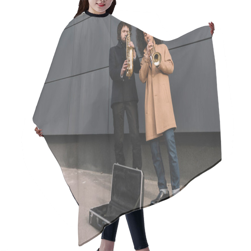 Personality  Duet Of Street Musicians Playing Trumpet And Saxophone Outdoors Hair Cutting Cape