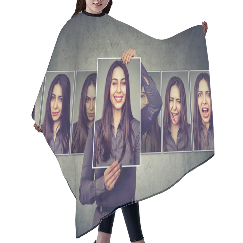 Personality  Masked Woman Expressing Different Emotions  Hair Cutting Cape