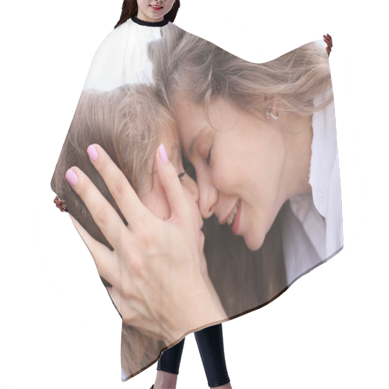 Personality  Horizontal Portrait Of Mother With Daughter Close-up Hair Cutting Cape