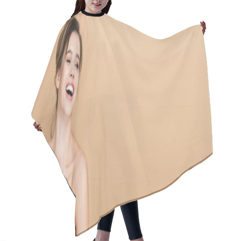 Personality  Joyful Woman With Naked Shoulders Holding Hand On Chest And Laughing Isolated On Beige, Banner Hair Cutting Cape