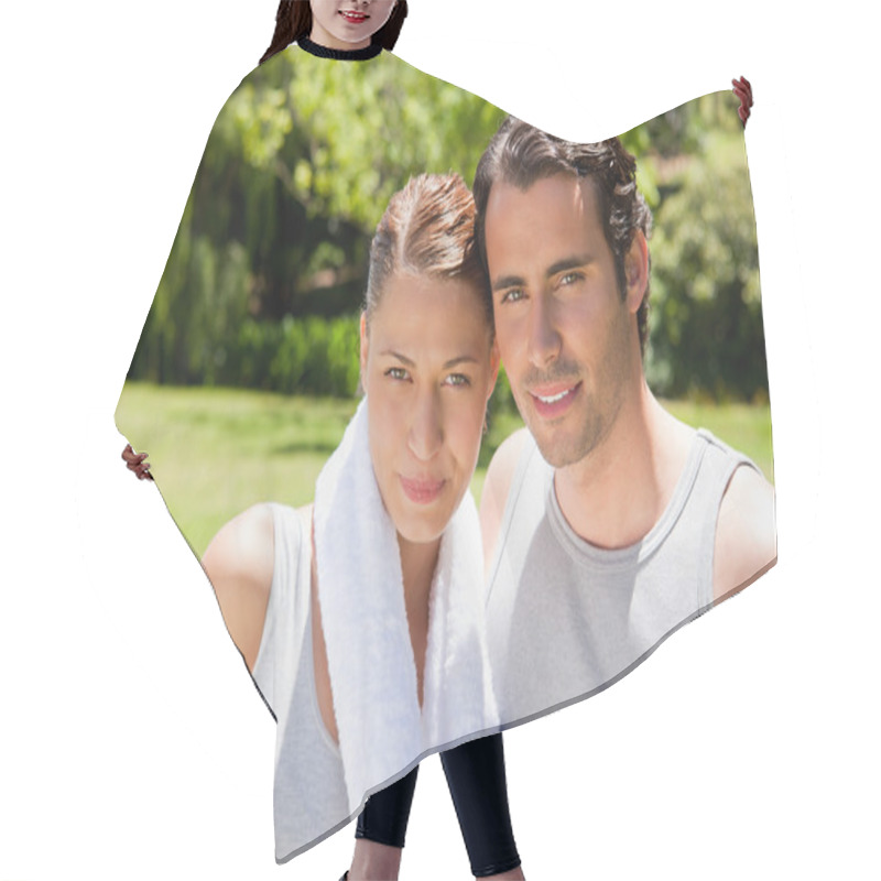 Personality  Woman And A Man Standing Together In Workout Gear Hair Cutting Cape