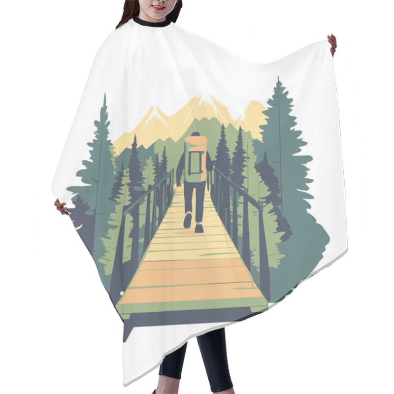 Personality   Simple Vector Of Hiker Crossing A Wooden Bridge In The Forest Hair Cutting Cape