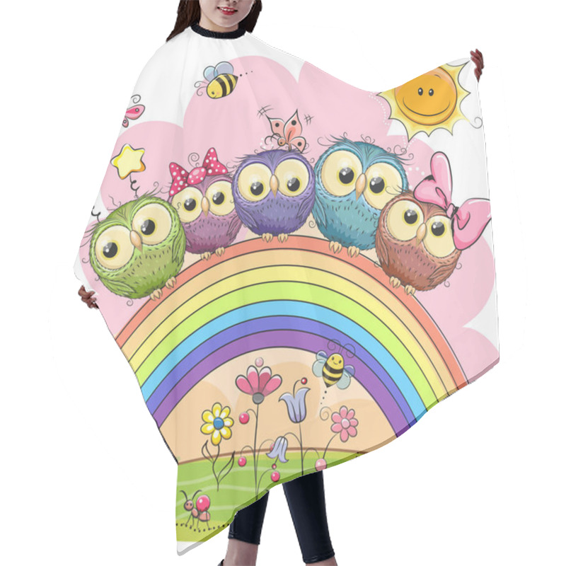 Personality  Five Owls On The Rainbow Hair Cutting Cape