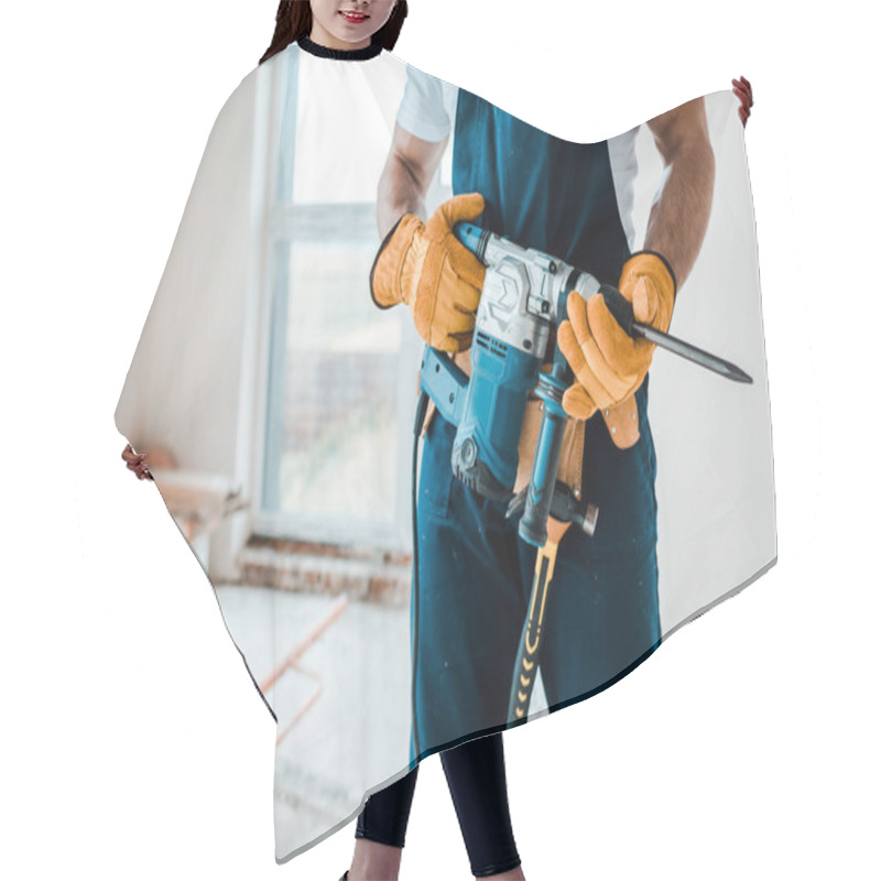 Personality  Cropped View Of Workman In Yellow Gloves Holding Hammer Drill  Hair Cutting Cape